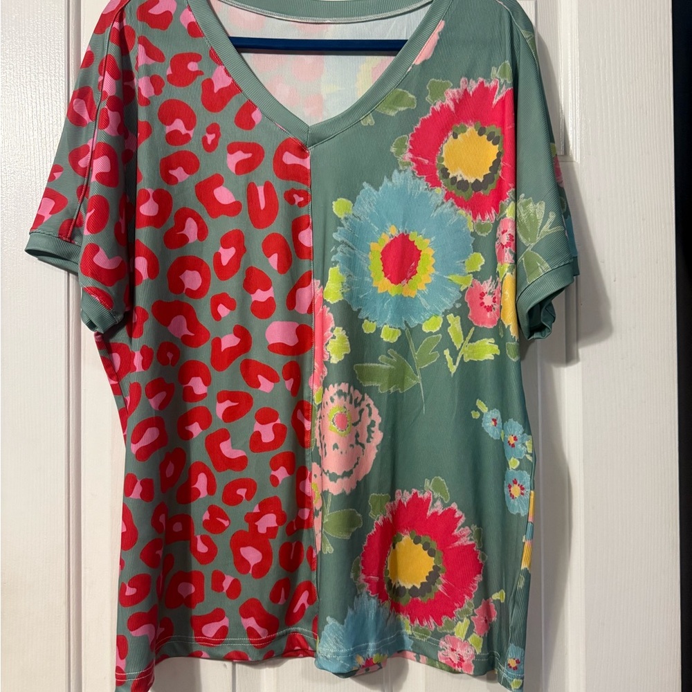 Vibrant Floral and Leopard Print V-Neck Tee